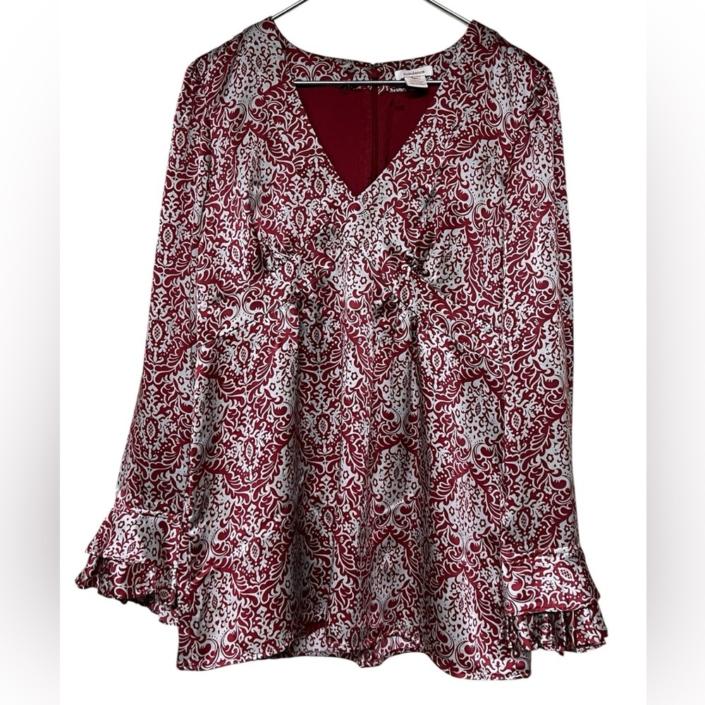 Sundance red gray empire waist v-neck long bell sleeve 100% silk paisley blouse